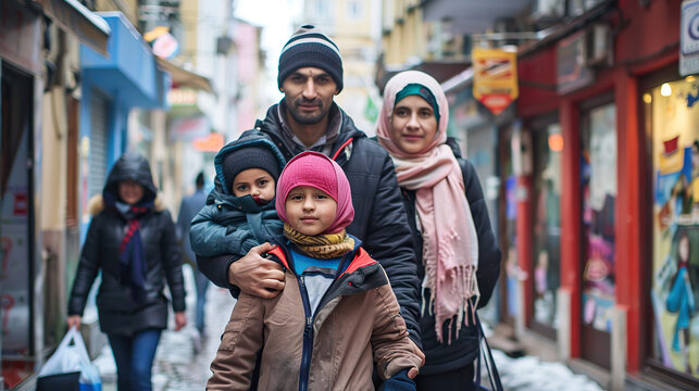 Muslim family on the european city street