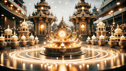 Obraz premium 3D Glowing abstract art of a digital marketplace with Labh Pancham symbols concept as An abstract digital art piece depicting a digital marketplace illuminated by glowing Labh Pancham symbols. The mar