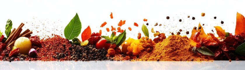 Fototapeta premium Vibrant assortment of spices and herbs on a white background, showcasing colorful and aromatic culinary ingredients for cooking and seasoning.
