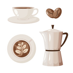 Coffee set with white cup of coffee, coffee beans and coffee pot. Coffee art on the foam. Vector illustration. Clip art for coffee shop. Beverages, drinks, hot chocolate. 