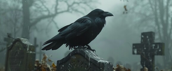 A lone raven perched on a tombstone in a misty graveyard.