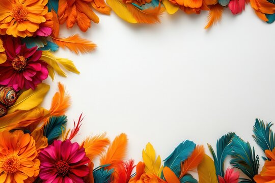 Vibrant flower and feather border frame on white background, perfect for spring or summer themed design projects and invitations.