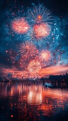 Obraz premium A stunning display of fireworks explodes over a calm lake, creating a mesmerizing reflection in the water.