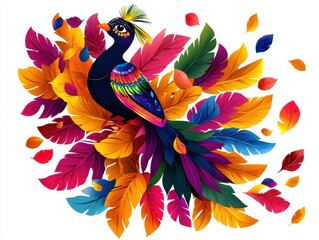 A colorful, exotic bird surrounded by vibrant, autumn leaves, showcasing a striking blend of nature and artistry.