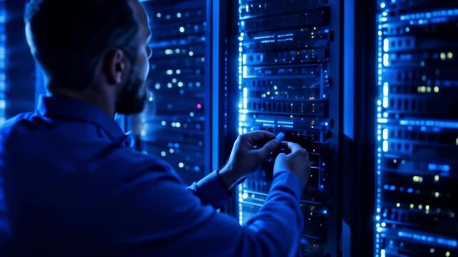 Man working on server racks in data center with blue lighting, technology concept, IT professional handling data storage equipment