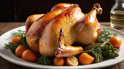 Whole roasted chicken served on a plate