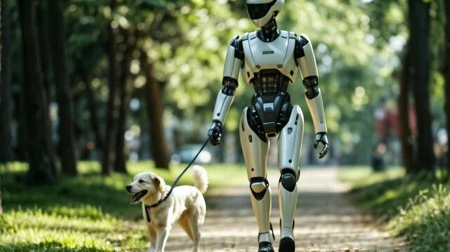 Humanoid robot walking a dog in a park on a sunny day reflecting future technology and artificial intelligence