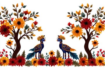 Colorful decorative artwork featuring two peacocks among vibrant flowers and trees, ideal for design and art projects.