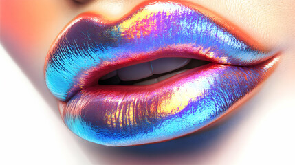 3D Holographic Plus Size Model Lips with Confidence Text concept as A vibrant glossy holographic design featuring the lips of a plus size model with the word Confidence in a bold script. The design in