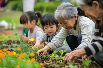 Japanese children and elders working together in a community garden, with small and wrinkled hands alike planting flowers, watering them with a shared sense of pride and accomplishment.