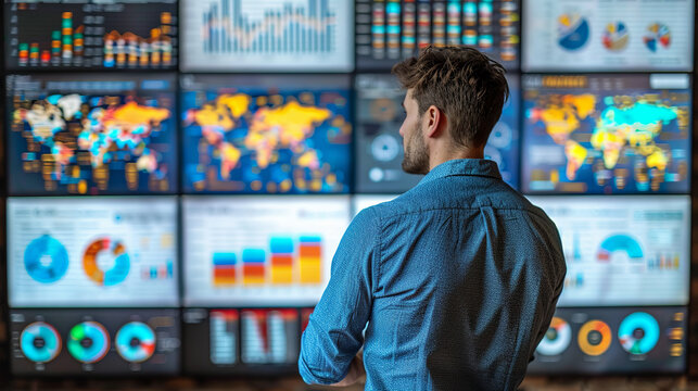 Businessman analyzing financial KPI dashboard high quality image, business data analysis, market research, strategic planning, business intelligencej