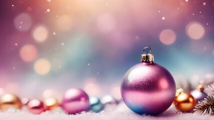 Fototapeta premium New Year's decor from New Year's toys with light bulbs, snow and bokeh