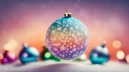 Obraz premium New Year's decor from New Year's toys with light bulbs, snow and bokeh
