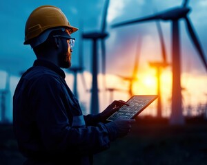 Engineer in protective gear using tablet at wind farm during sunset, illustrating renewable energy technology and sustainable power.