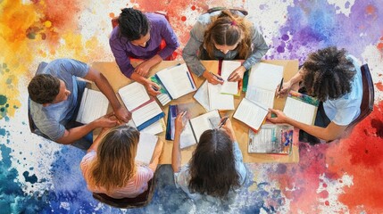 Collaborative Learning: Diverse Students Studying Together in Watercolor Painting Poster