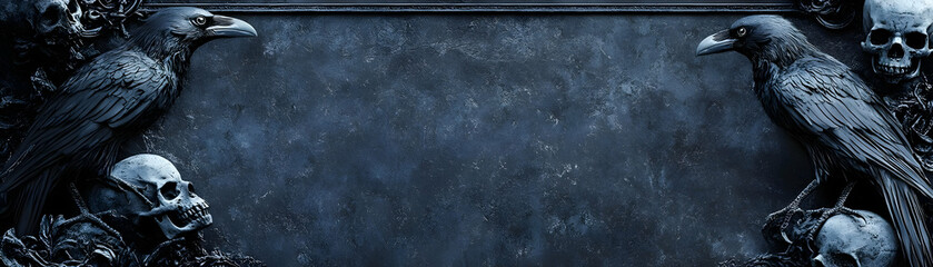 Raven and Skull Border with Omen Text concept as A dark and eerie border frame featuring ravens and skulls around the edges with the word Omen in a gothic font. The design provides ample copy space pe