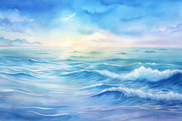 Ocean waves with a serene blue sky in a calming watercolor style landscape