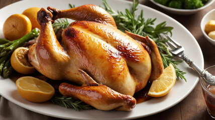 Whole roasted chicken served on a plate