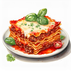 Plate of beef lasagna with sauce, cheese, watercolor illustration.
