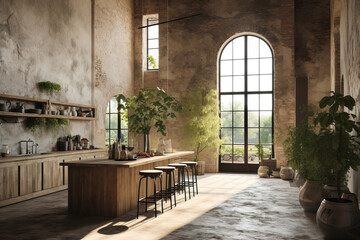 Fototapeta premium Rustic Kitchen Design with Large Windows and Natural Light