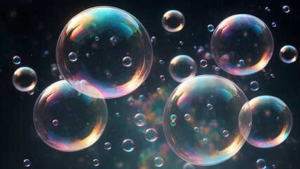 a lot of rainbow soap bubbles on a dark background. Transparent multi-colored soap bubbles. illustration.