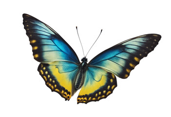 Very beautiful blue yellow green butterfly in flight isolated on a transparent background