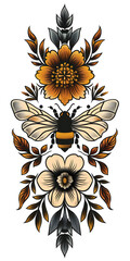 Tribal Flowers and bees tattoo flash styles illustration
