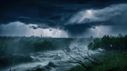 Obraz premium Dramatic Stormy Skyline with Lightning Striking Over Cityscape