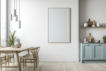 Fototapeta premium Poster Mockup in Kitchen Interior with White Wall created with Generative AI
