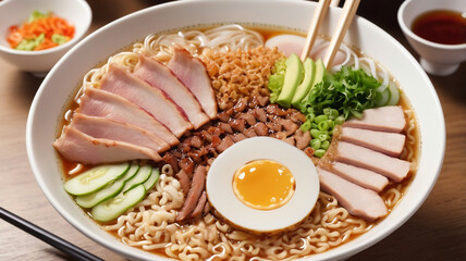 ramen topped with sliced ​​pork and sunny side up egg