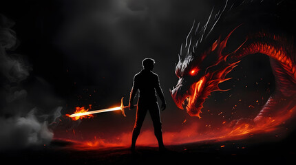 Fototapeta premium Black silhouette of a man with a sword in his hand and a dragon in the background is generated by AI