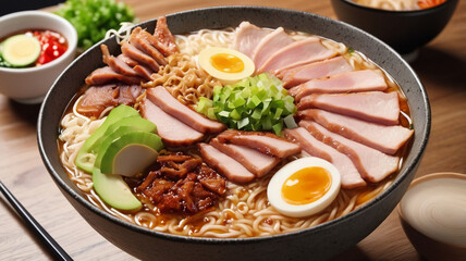 ramen topped with sliced ​​pork and sunny side up egg