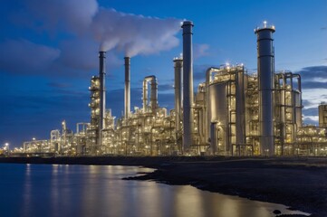 Fototapeta premium Industrial complex by water at twilight