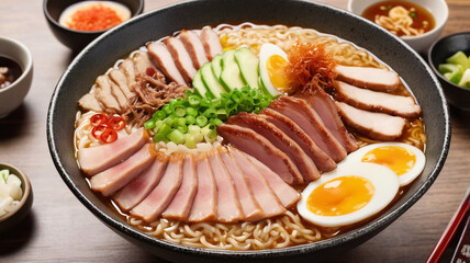 ramen topped with sliced ​​pork and sunny side up egg