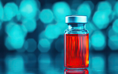 A vibrant red liquid in a glass vial, reflecting light in a contemporary, artistic setting with a blurred turquoise background.