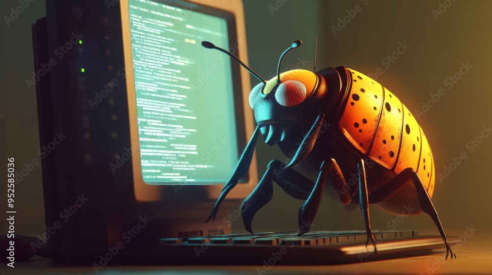 Aufkleber a large, detailed bug with bright orange wings stands on a computer keyboard, symbolizing a computer
