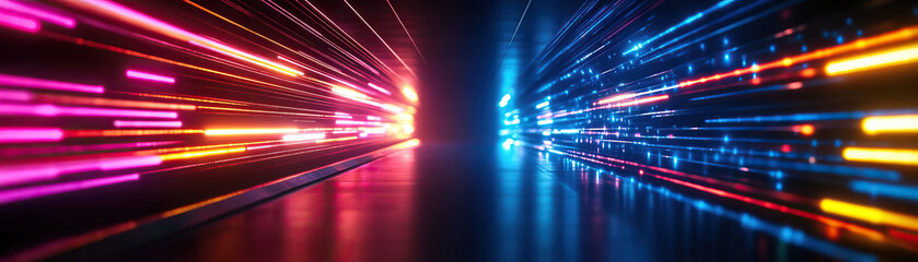 Dynamic light trails in vibrant colors create an energetic and futuristic atmosphere. Perfect for technology and motion themes.