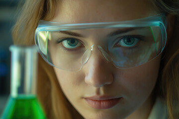 Scientist examining chemical experiment with focus on safety and precise observation in laboratory setting