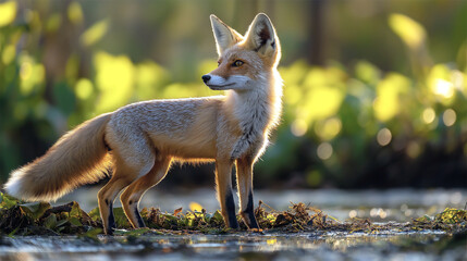 Crab-Eating Fox Cautiously Moving Along Pantanal Wetland Edge, Wild Animal Scene
