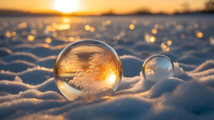The delicate surfaces of frozen bubbles reflect the warm tones of the setting sun, making them shine in the winter sunlight.