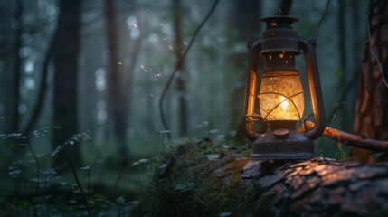 old lamp lit in the middle of the forest