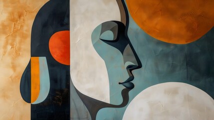 A painting of a woman with a face and a large blue circle in the background