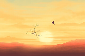 Naklejka premium Serene Sunset Landscape with a Bird in Flight