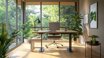 Modern Home Office with a View: Natural light floods this inspiring workspace, where a sleek desk, comfortable chair, and lush greenery create a serene and productive environment.  