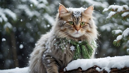 Encircled by snowflakes falling from the sky, a stately, green-eyed, fluffy cat sits on a snow-covered branch in a winter forest.