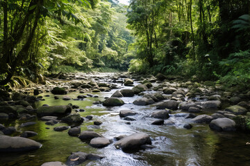 Fototapeta premium Serene River Flowing Through Lush Forest