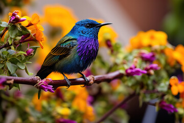 Vibrant Tropical Bird Perched on Branch with Flowers