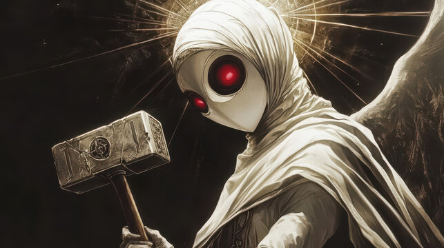 haracter in white robes with a hood, holding a hammer.