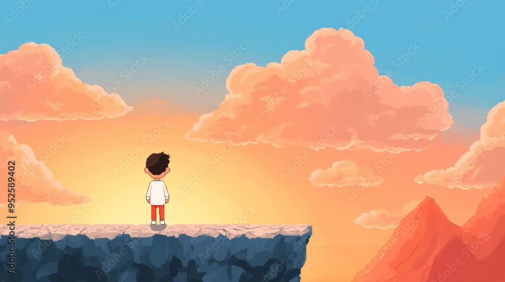 Poster retro 16-bit hero standing at cliff's edge in classic adventure scene with contemporary layout and c