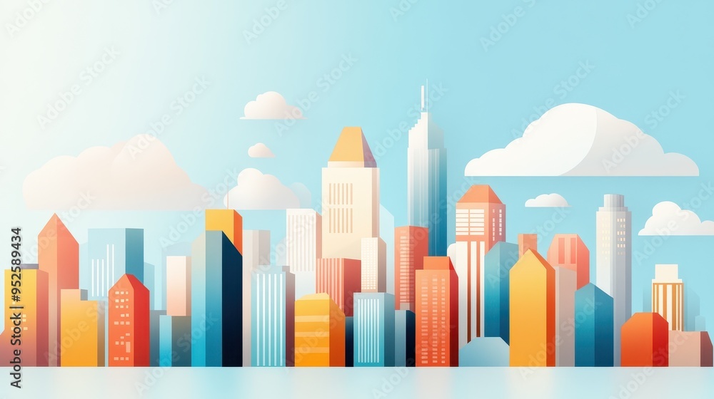 Poster retro pixelated cityscape in 8-bit style with clear sky and copy space, urban scene with modern desi